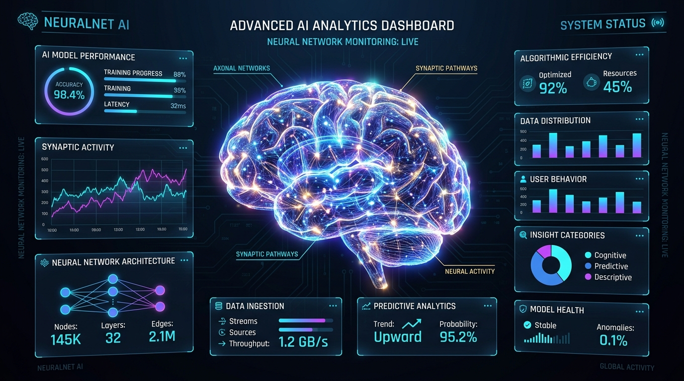 Futuristic AI dashboard showing neural networks and data analytics