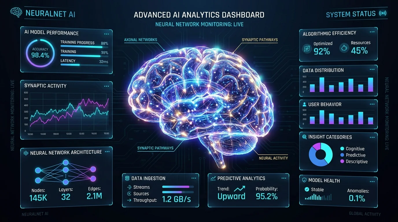 Futuristic AI dashboard showing neural networks and data analytics