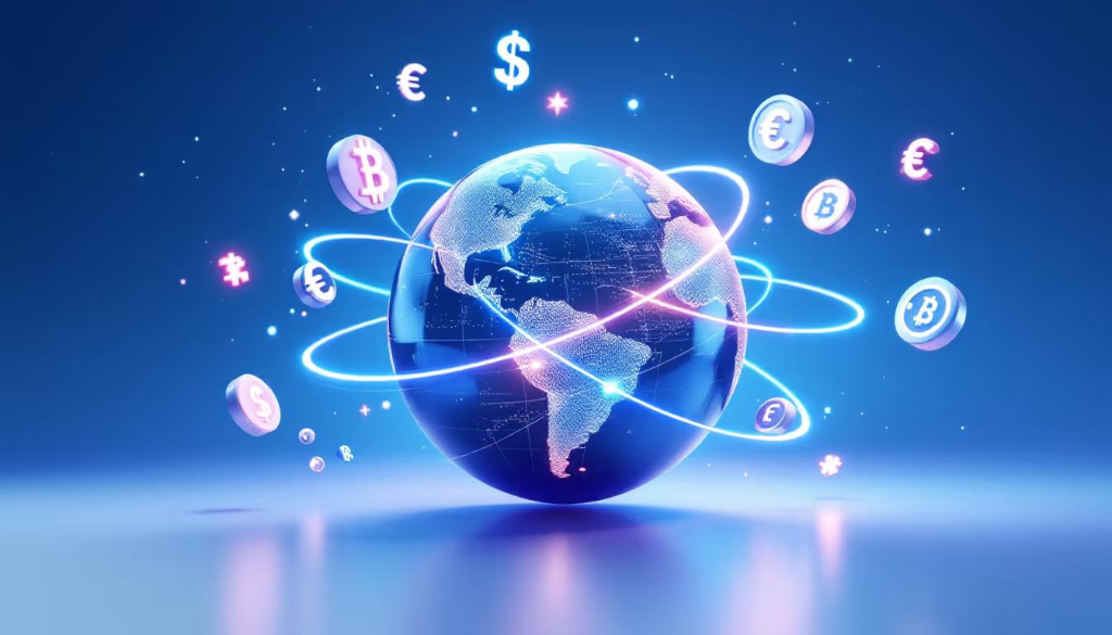 Global Cross-Border Crypto Settlement - 3D Multi-Currency Globe