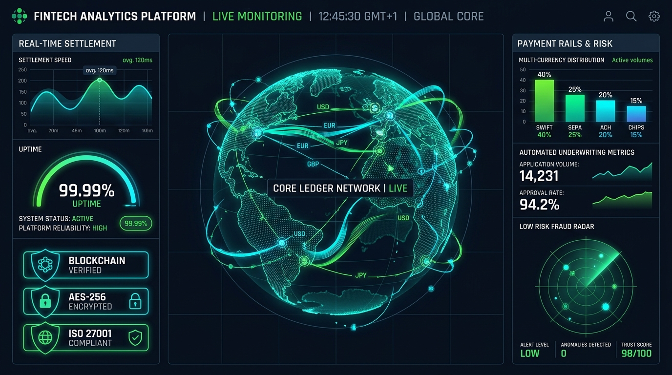 Fintech Core Architecture and Live Monitoring Platform Dashboard